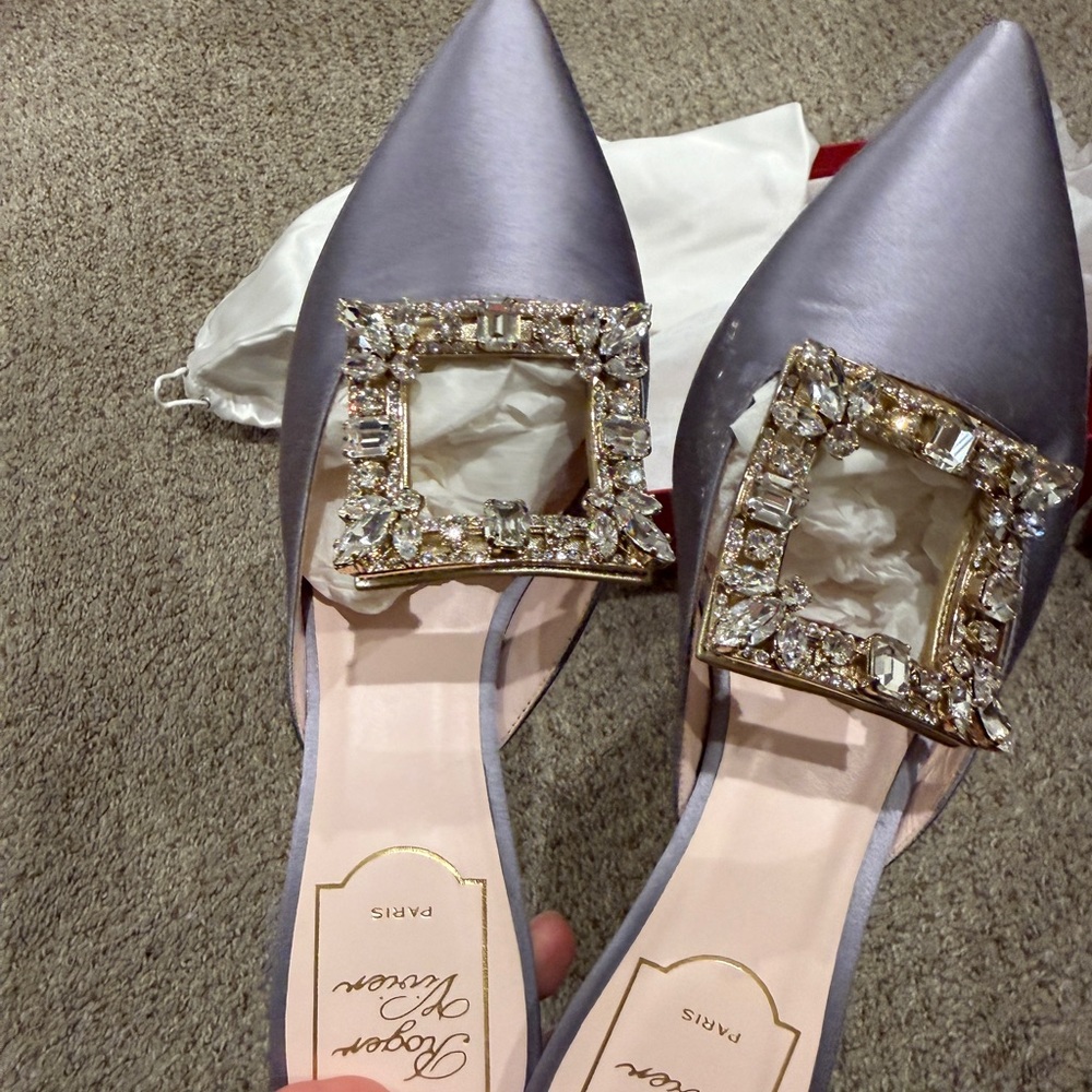 Roger Vivier Lilac Satin Pointed Toe Mules with Crystal Buckle